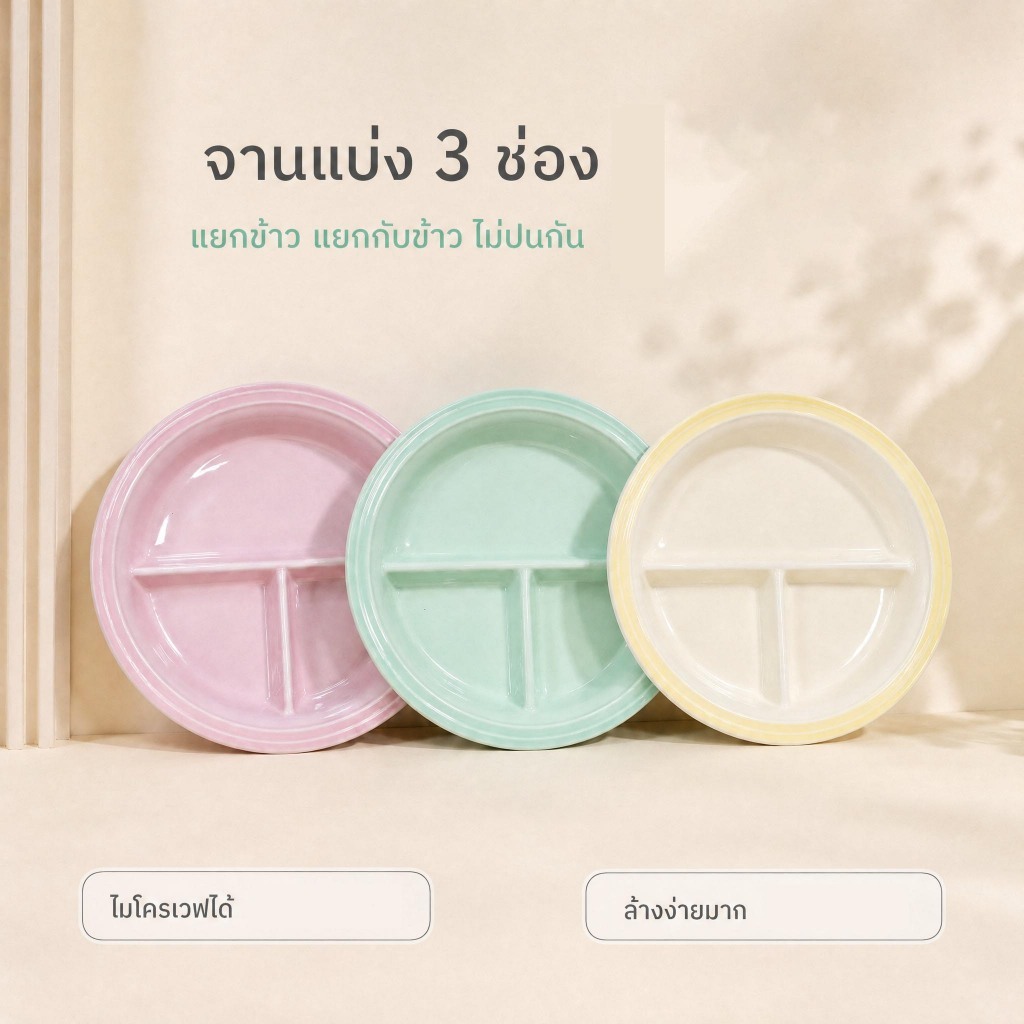 ชุดจานเซรามิก 10 นิ้ว 3 สี 3 ช่อง สีพาสเทล ใช้ไมโครเวฟได้ เหมาะกับสลัดผลไม้ อาหารเช้า และของหวาน ของขวัญขึ้นบ้านใหม่ ถูก