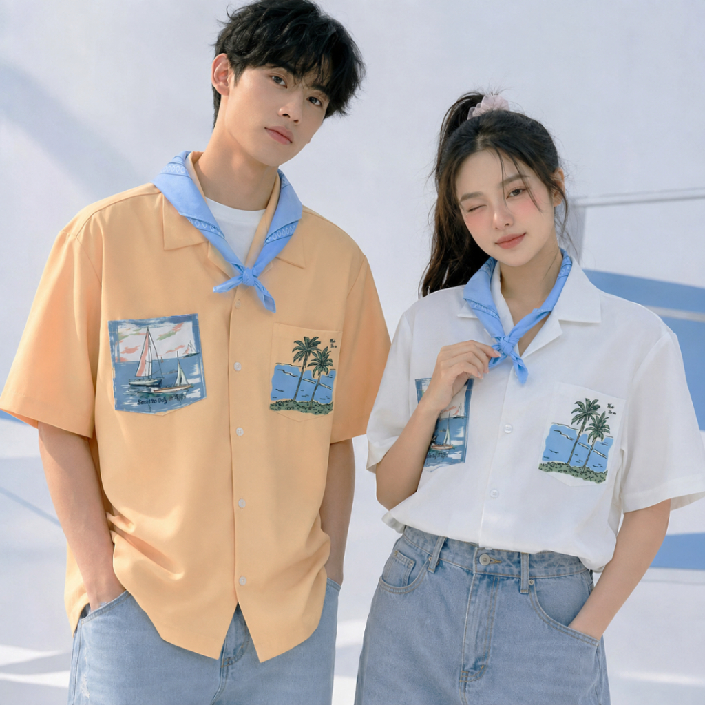 (เสื้อ+ผ้าพันคอ) 11.WOLF Sea the day Shirt เสื้อฮาวาย เสื้อเชิ้ต เสื้อเชิ๊ตแขนสั้น+ผ้าพันคอ  / H435