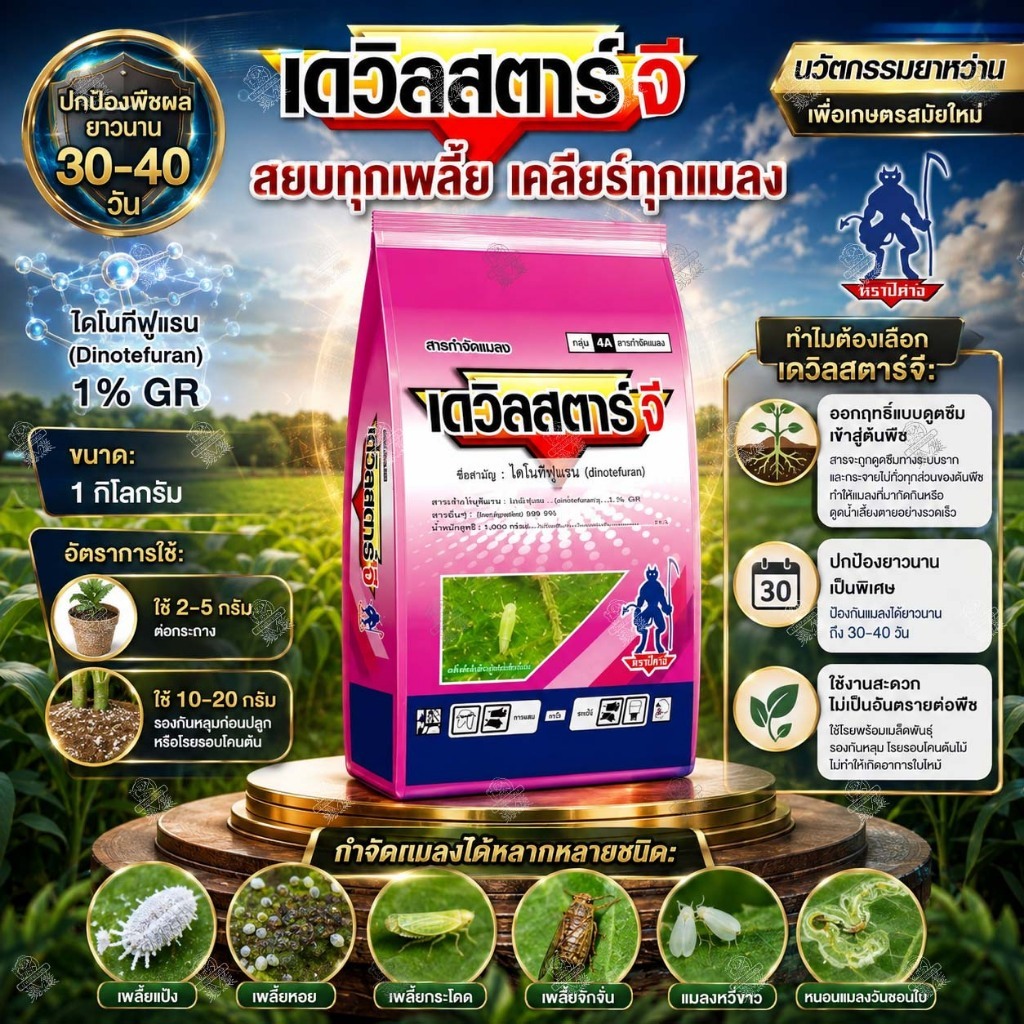 เดวิลสตาร์จี 1kg ไดโนทีฟูแรน 1%GR กำจัดเพลี้ยแป้ง เพลี้ยไฟ มด แมลงหวี่ขาว ยาโรยโคนต้น สารกำจัดแมลง