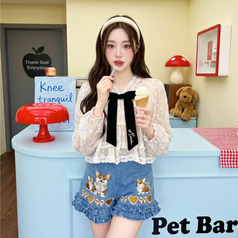 (มีถึง3XL) Sugar Doggy Set เซ็ต 2 ชิ้น เสื้อชีฟองแขนยาวแต่งโบว์ดำ + กางเกงยีนส์งานปักมีกระเป๋าปลายแต่งระบาย