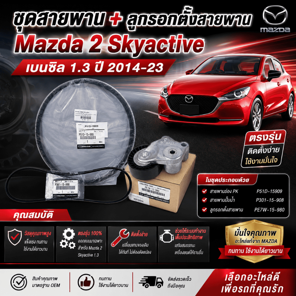 ชุดรอกสายพานหน้าเครื่อง แท้ศูนย์ MAZDA2 Sky Active1.3เบนซิล รอกPE7W-15-980,สายพานP301-15-908,P51D-15