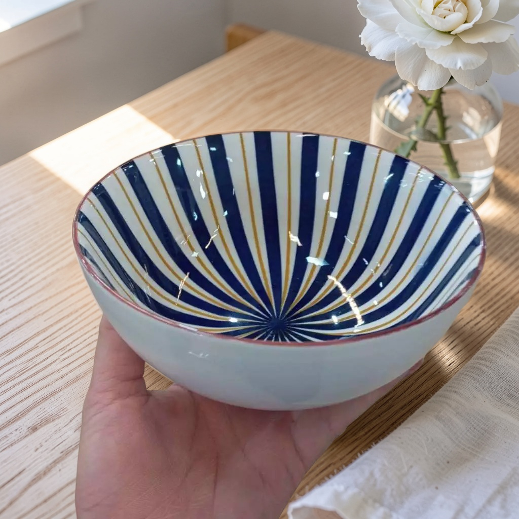 ชามเซรามิกสไตล์ญี่ปุ่น ขนาด 6 นิ้ว ลายเส้นตรงสีน้ำเงินสลับเหลืองทอง ceramic bowl เข้าไมไครเวฟได้
