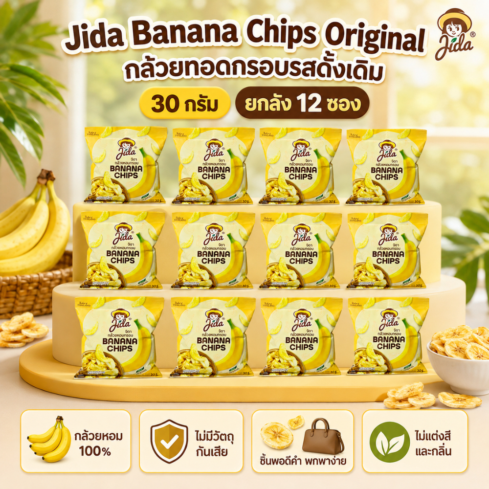 [12 ซอง] Jida Chips 30 g กล้วยหอมกรอบ รสดั้งเดิม | Banana Chips Original Flavor