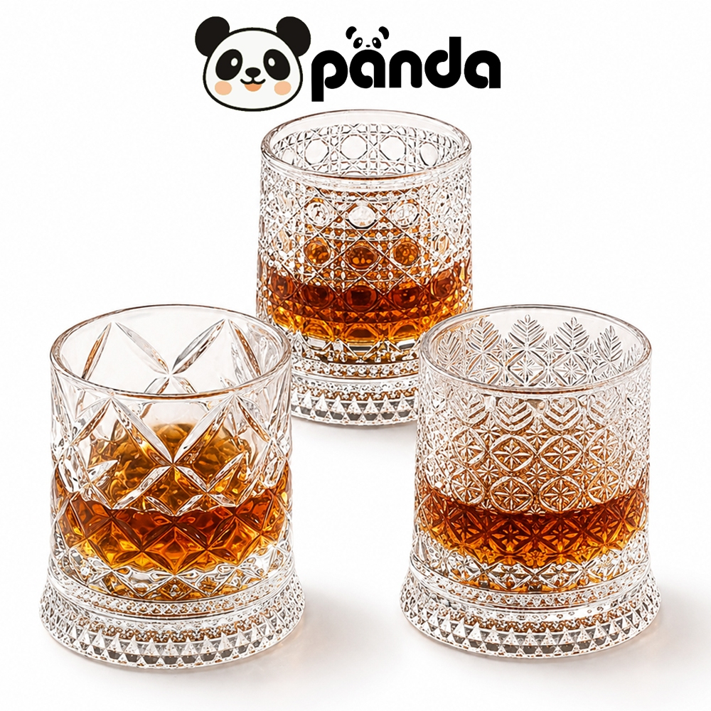 PANDA แก้วคริสตัลหมุนได้ 360° 260ml พร้อมฐานหมุนไฟ LED ลายเพชร ดีไซน์หรู แก้ววิสกี้ สำหรับของขวัญ