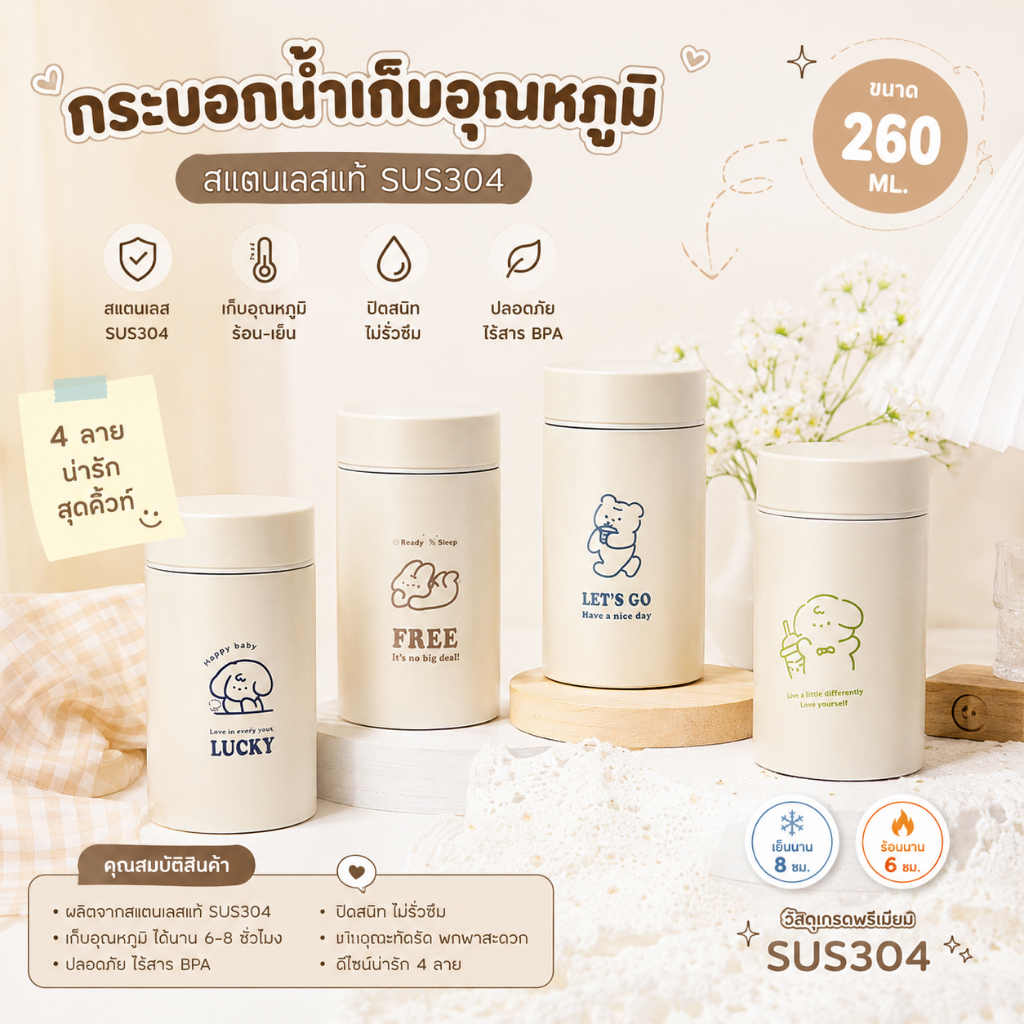 แก้วน้ำเก็บอุณหภูมิสแตนเลส 304 น่ารัก ขนาด 260ml ฝาปิดสนิทแน่น น้ำไม่หกก้นแก้วมียางซิริโคนกันลื่น