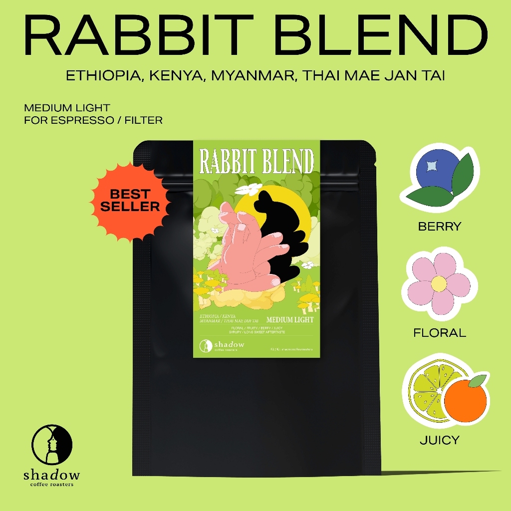 Rabbit Blend (Ethiopia , Kenya , Myanmar , Thai) เมล็ดคั่วกลางค่อนอ่อน / 200g 1kg Shadow coffee roasters