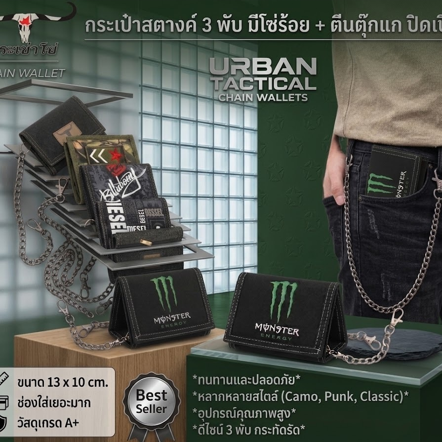 กระเป๋าสตางค์ ผ้าแคนวาส 3พับ เวลโคลติด มีโซ่แถม ให้ทุกใบ WALLET-BAGs SOLDER STALY รา้นไทยพร้อมส่ง