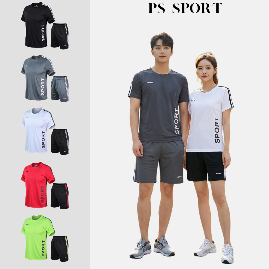 ps sport ชุดกีฬา 2 ชิ้น ( เสื้อเชิ้ตแขน สั้น + กางเกงขาสั้น ) ( ผู้ชาย / หญิง ใส่ได้ ) เเต่งลายSPORT