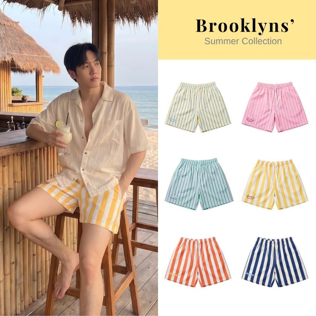 New York กางเกงขาสั้นนิวยอร์กรุ่นใหม่ ใส่ไปทะเล ผ้าทัสลาน คล้ายผ้าร่ม ถ่ายเทอากาศได้ดี สีชมพูลายทางเหลือง คุณภาพดี