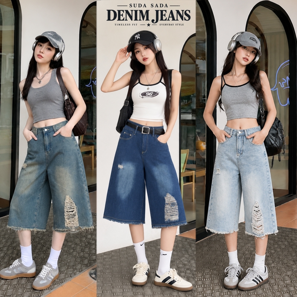 🔥【จัดส่งจากกรุงเทพฯ】กางเกงยีนส์เอวสูง ทรงกระบอก ขา7ส่วน สไตล์เกาหลี Unisex ถูกและคุ้ม กางเกงขาสั้นคลุมเข่า แต่งขาด