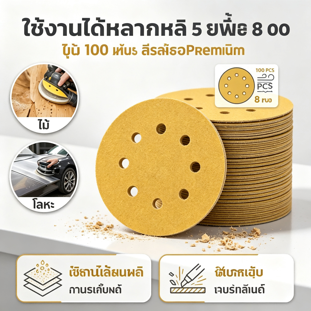 กระดาษทรายแบบแห้งเคลือบ ขนาด 5 นิ้ว 8 รู 125 มม. ชุดเวลโคร มีกาวในตัว กระดาษทรายแบบแผ่นกลม 100 แผ่น มีหลายเบอร์ให้เลือก