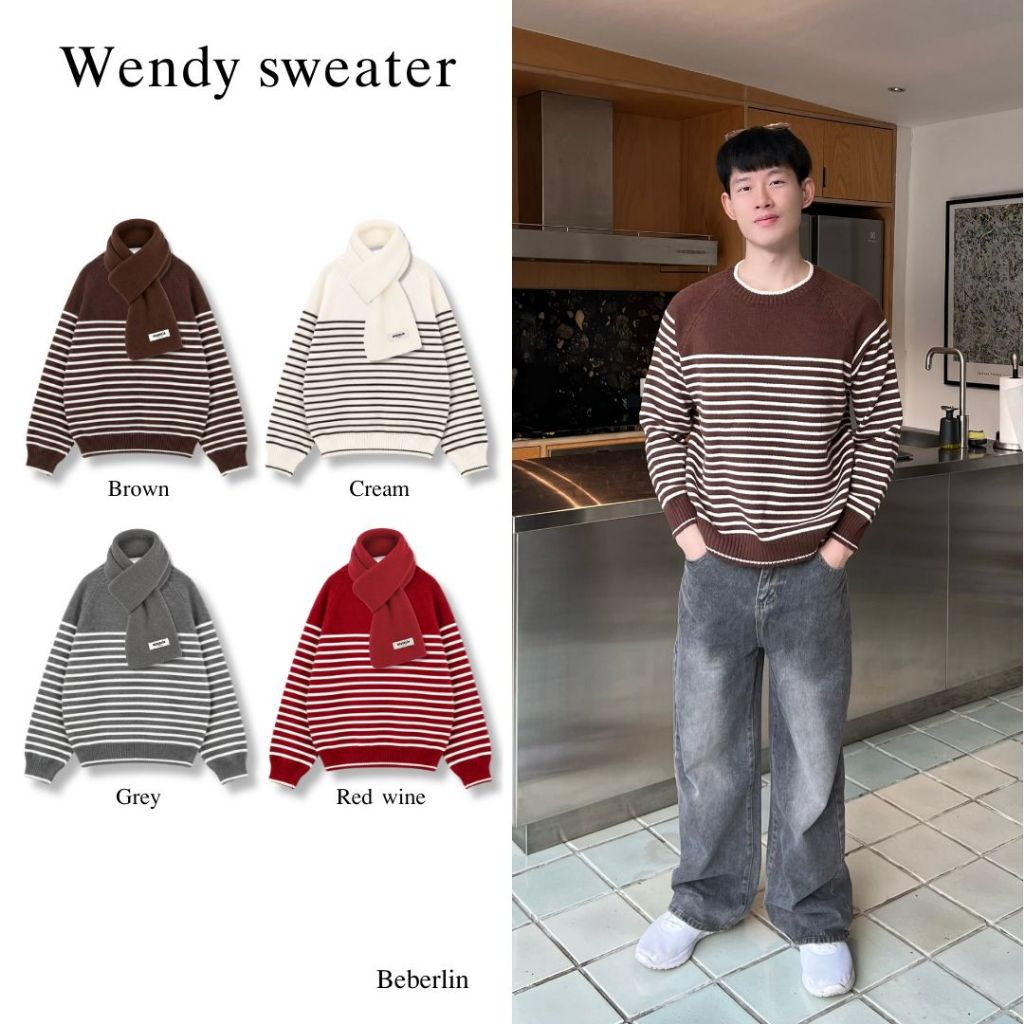 Beberlin เสื้อสเวตเตอร์ลายทาง+ผ้าพันคอ  รุ่น Wendy sweater / No : 1009