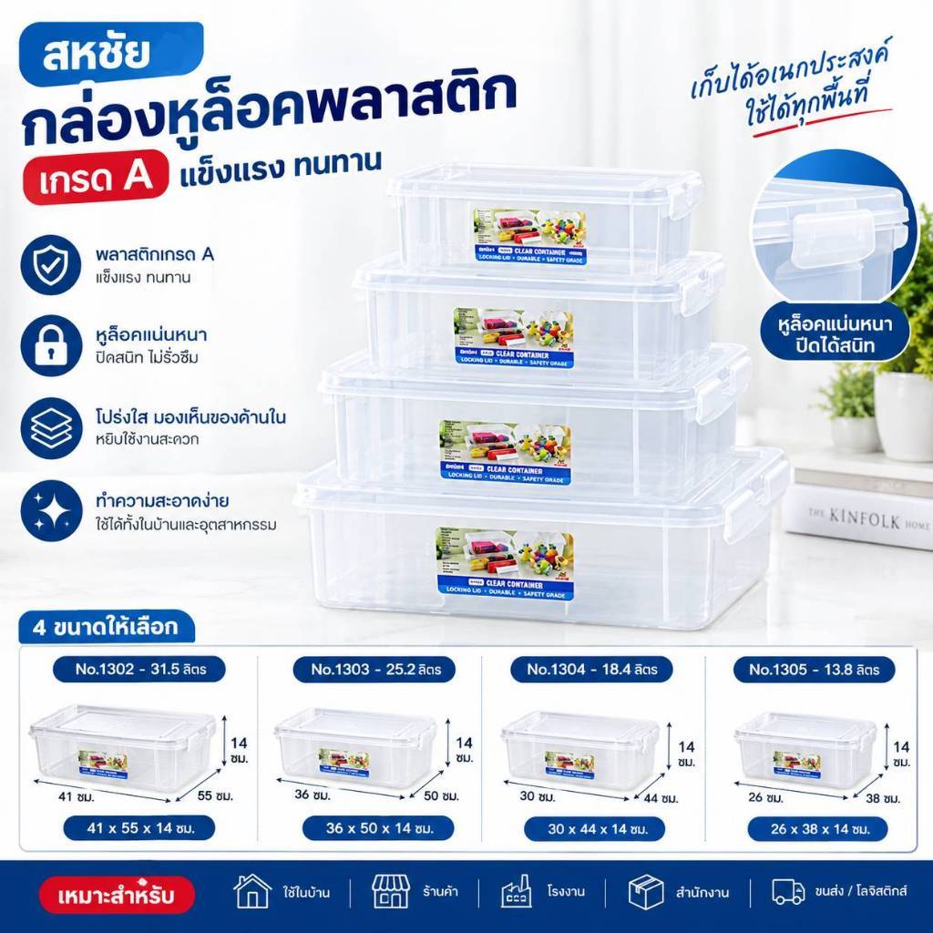 กล่องพลาสติกใส ฝาสีขาว หูล็อค หมายเลข 1302/1303/1304/1305 (สหชัย) สำหรับจัดเก็บเฟอร์นิเจอร์และอุปกรณ์จัดเก็บ
