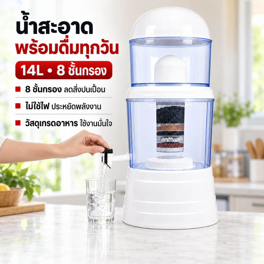 รับประกัน5ปี เครื่องกรองน้ำแร่ 14L ไส้กรอง8ชั้น กรองน้ำประปา กรองน้ำดื่ม ฆ่าเชื้อ99.99% ติดตั้งง่าย เครื่องกรองน้ำดื่ม