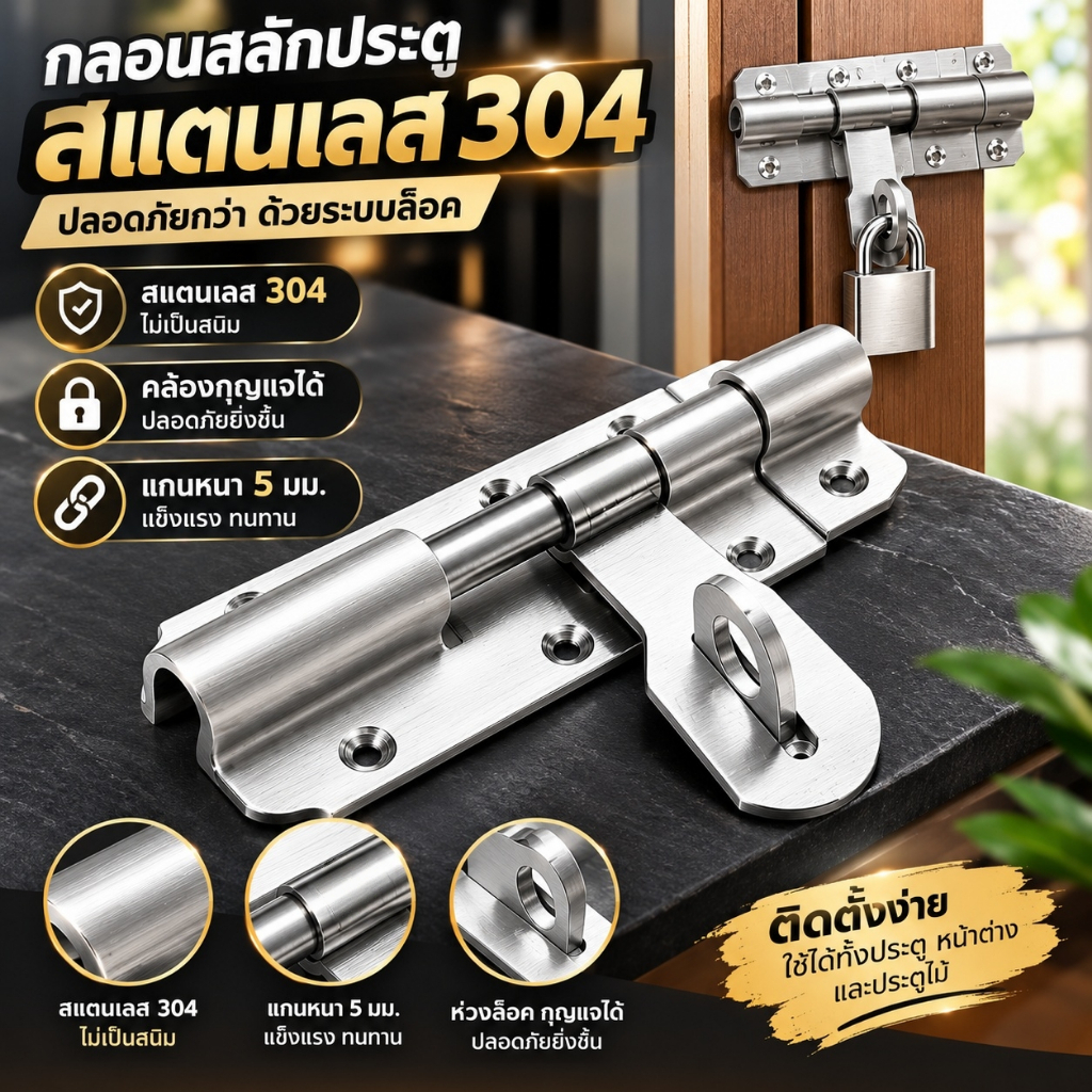 กลอนสลักสแตนเลส304 กลอนล็อคประตูหนา ไม่เป็นสนิม มีรูคล้องกุญแจ ติดตั้งง่าย ใช้บ้านและโรงงาน