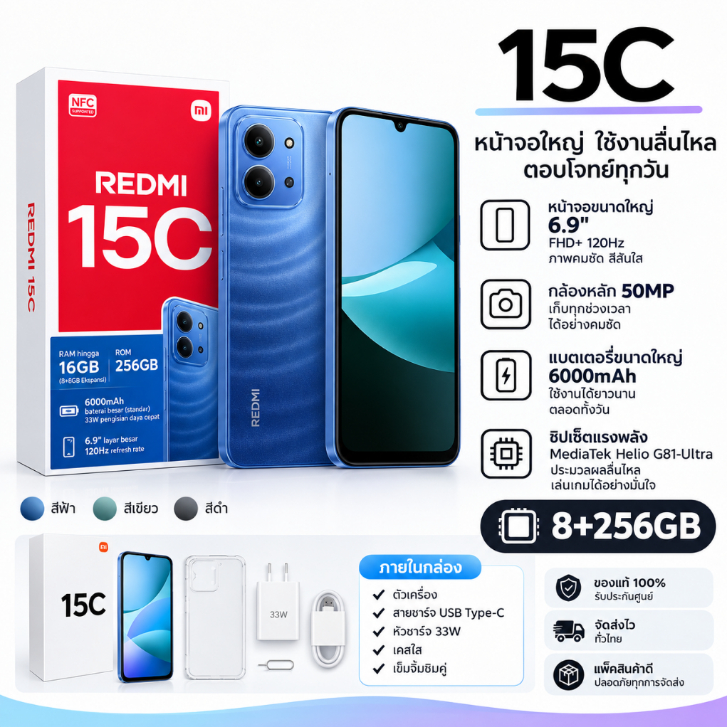 Redmi 15C 8GB+256GB หน้าจอ 6.9 นิ้ว 120Hz AI Camera 50MP แบตเตอรี่ 6000mAh ชาร์จเร็ว 33W