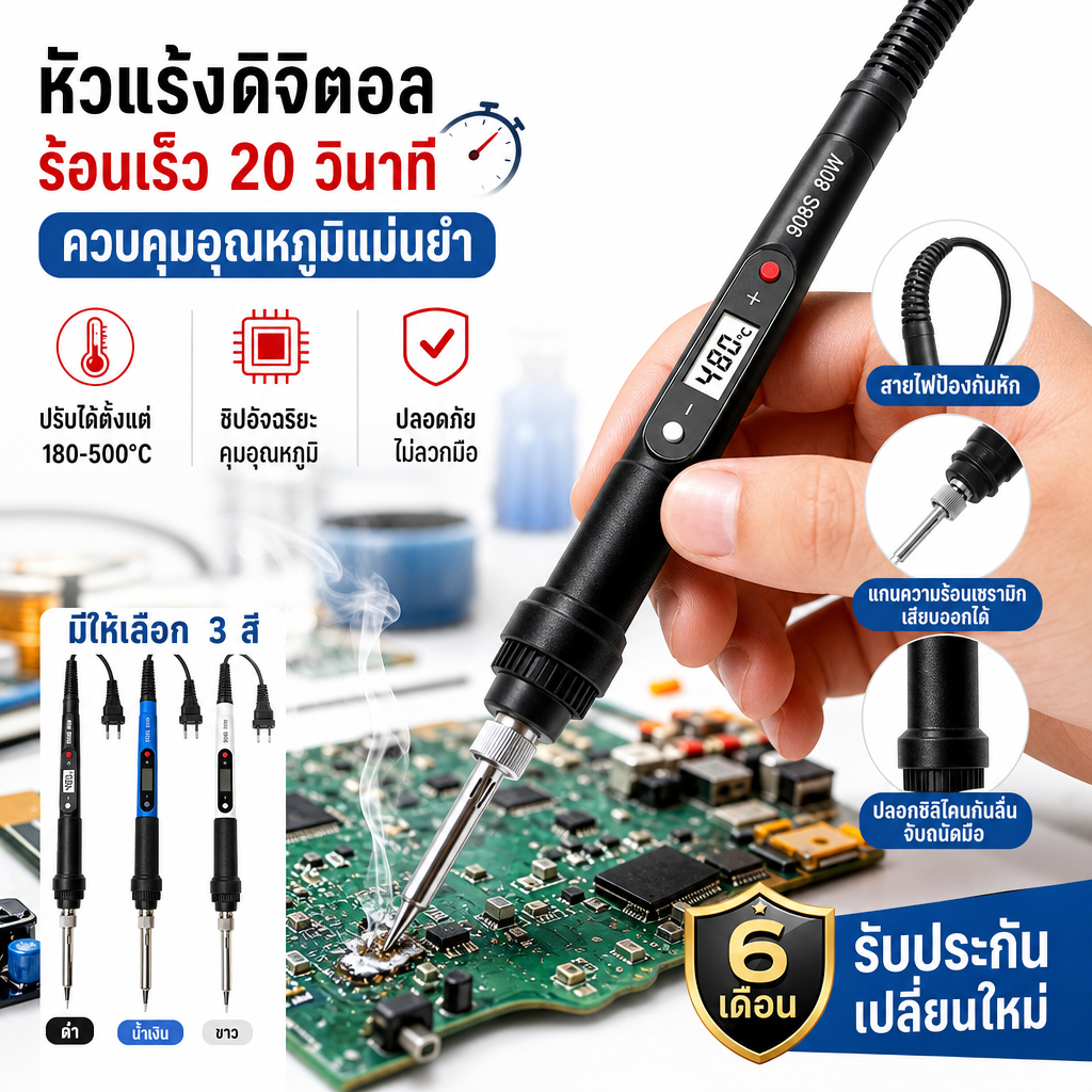 หัวแร้งไฟฟ้า 80W หน้าจอ LCD ปรับอุณหภูมิ 180-480°C ร้อนไว 20 วิ ปลายเซรามิกถอดเปลี่ยนได้ หัวแร้งบัดกรี