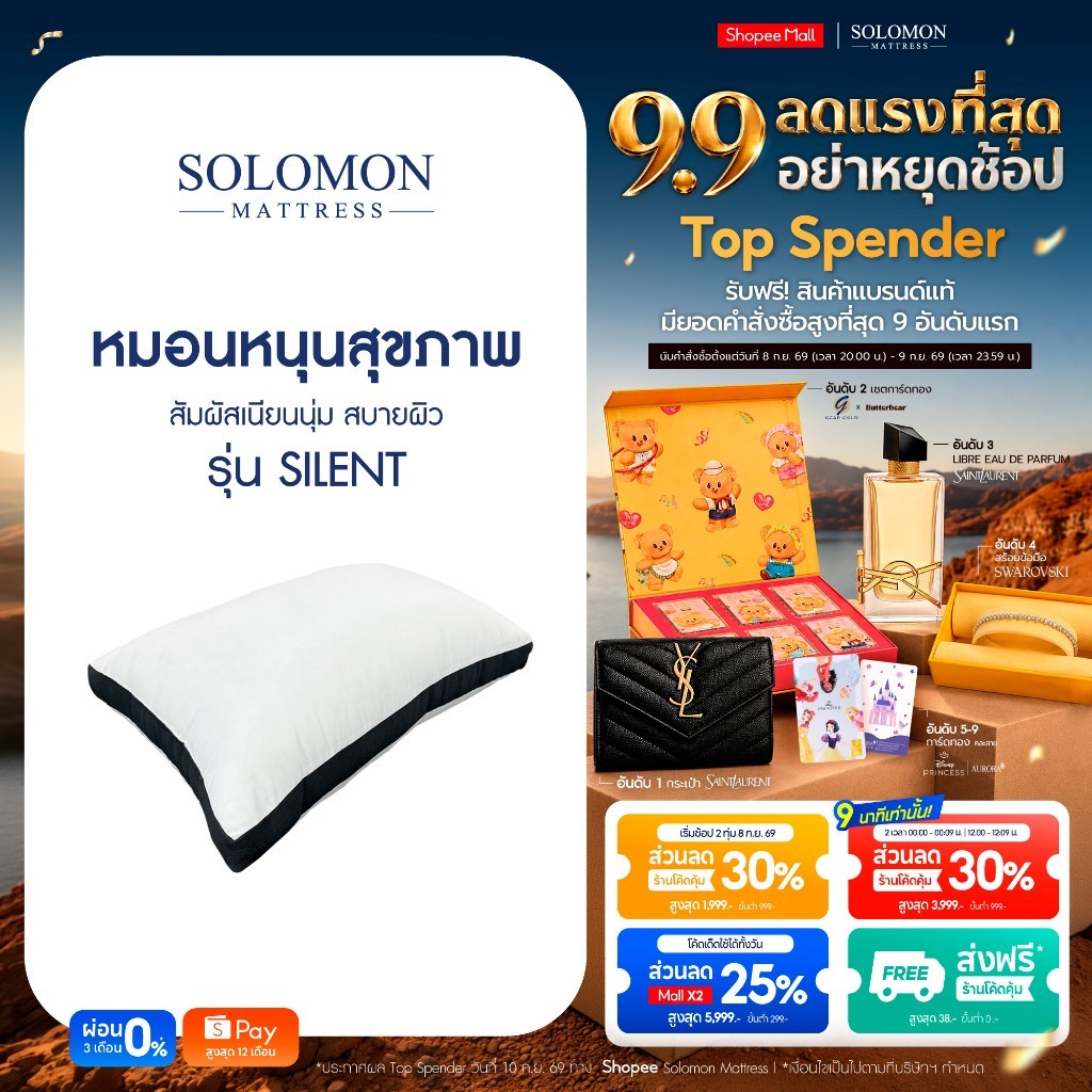 Solomon หมอนหนุนเพื่อสุขภาพ รุ่น Silent คุณภาพพรีเมียม นุ่มฟู รองรับศีรษะและต้นคอ หลับสบายตลอดคืน