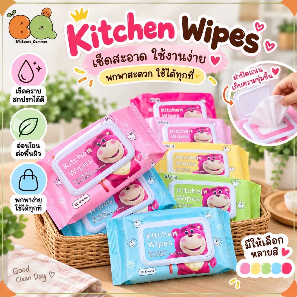 ทิชชู่เปียก Kitchen Wipes 80 แผ่น เช็ดทำความสะอาดอเนกประสงค์ ฝาปิดแน่น พกพาสะดวก ใช้ได้ทุกที่ หลายสี