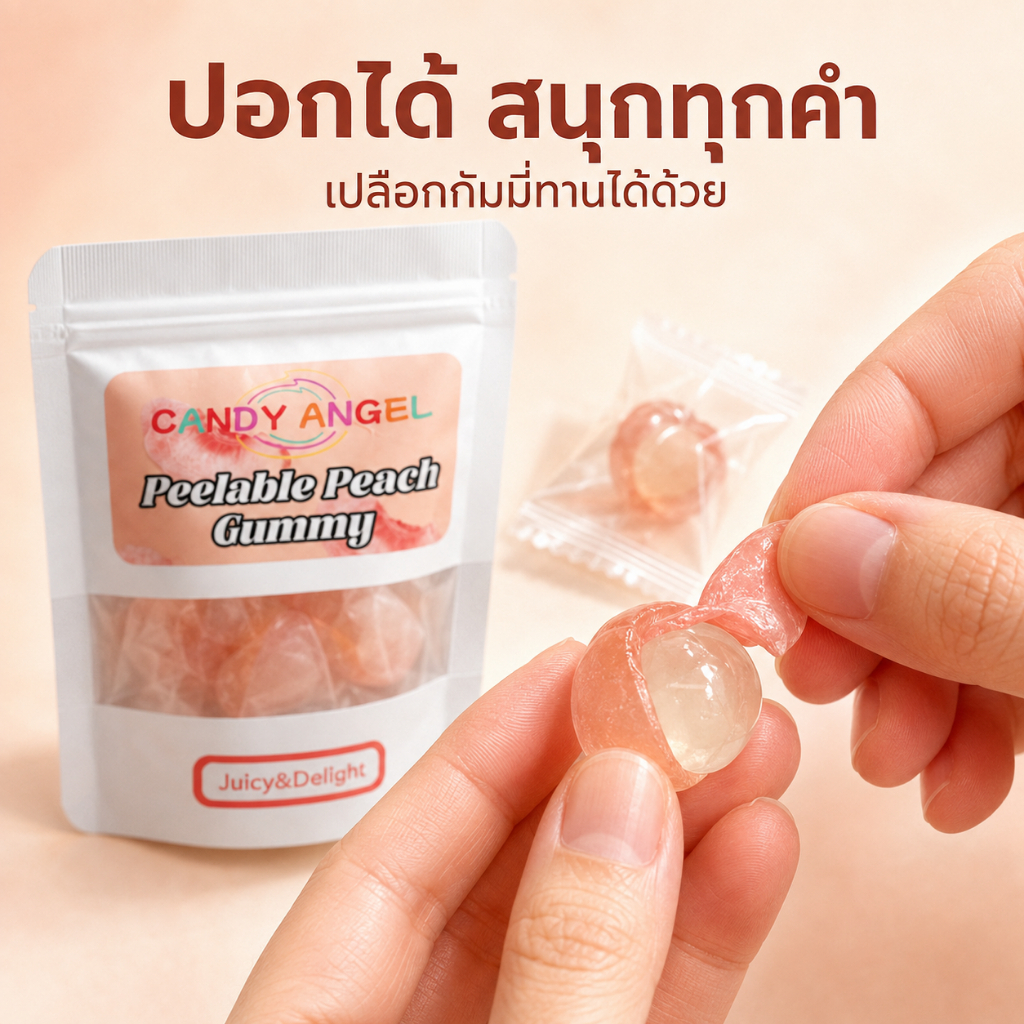 ลูกอม ขนมต่างประเทศ เยลลี่พีชขาวปอกเปลือกได้ กัมมี่ 2 ชั้น หอมหวาน ผสมน้ำผลไม้รวม ≥70% แยกห่อทุกชิ้น ขนาด