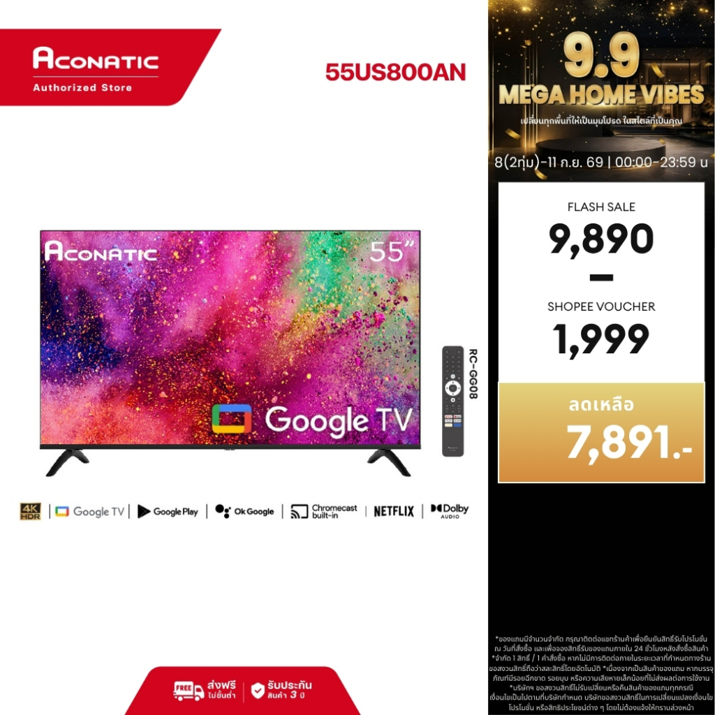 Aconatic ทีวี 55 นิ้ว 4K UHD Google TV รุ่น 55US800AN HDR10 Dolby Google Assistant Netflix YouTube B
