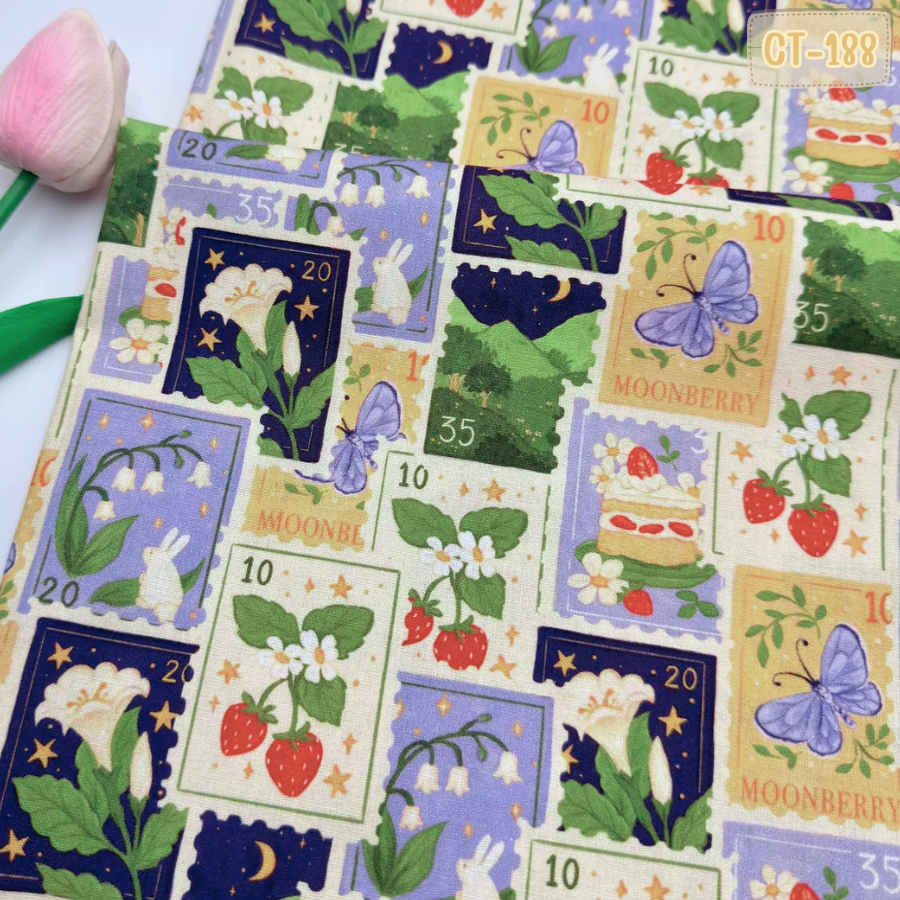 [พร้อมส่ง] ผ้าคอตตอน100 ลายแสตมป์สวนสตรอว์เบอร์รีใต้แสงจันทร์ ผ้าพิมพ์ลาย ผ้าเมตร ผ้างานควิลท์ แพตช์เวิร์ค Patchwork 188