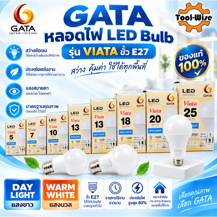 GATA หลอดไฟ LED Bulb รุ่น VIATA ขั้ว E27 ขนาด 5W 7W 10W 13W 15W 18W 20W หลอดประหยัดไฟ LED ฝาขุ่น หล่นไม่แตก