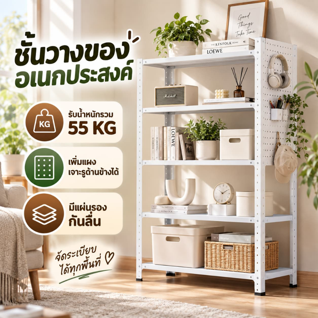 ชั้นวางของแบบหลายชั้นสำหรับจัดระเบียบภายในบ้าน ชั้นวางของแบบตั้งพื้นพร้อมแผงเจาะรูสำหรับแขวนของ