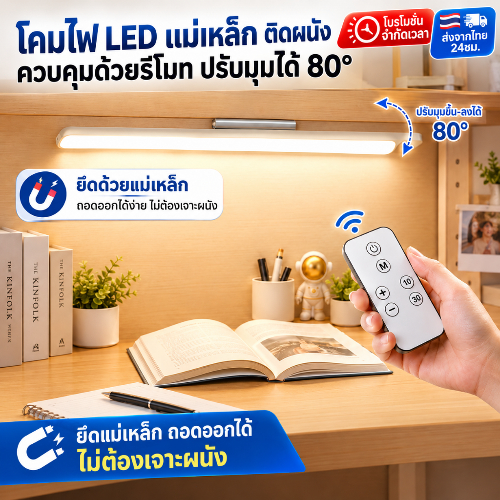 ไฟ led โคมไฟแม่เหล็ก โคมไฟ ยึดด้วยแม่เหล็ก ไม่ต้องเจาะ โต๊ะทำงาน USB การปรับรีโมทคอนโทรล 3แสง