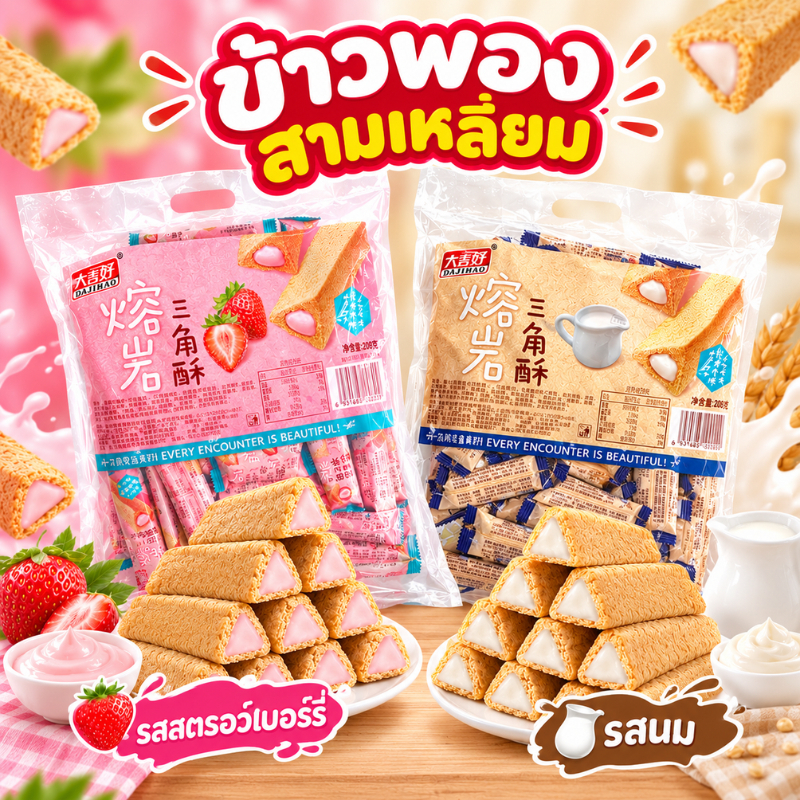โอ๊ตสามเหลี่ยม ช็อกโกแลตเวเฟอร์สามเหลี่ยม เวเฟอร์สอดไส้ รสนม รสช็อกโกแลต สตอร์เบอร์รี่ ขนาด 208 กรัม หอม อร่อย พร้อมส่ง