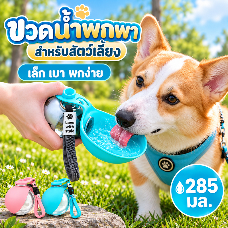 🐶ขวดน้ำสุนัขพกพา พับได้พร้อมชาม ซิลิโคน น้ำไหลกลับได้ มีตะขอแขวน สำหรับหมาเดินเล่นและเดินทาง