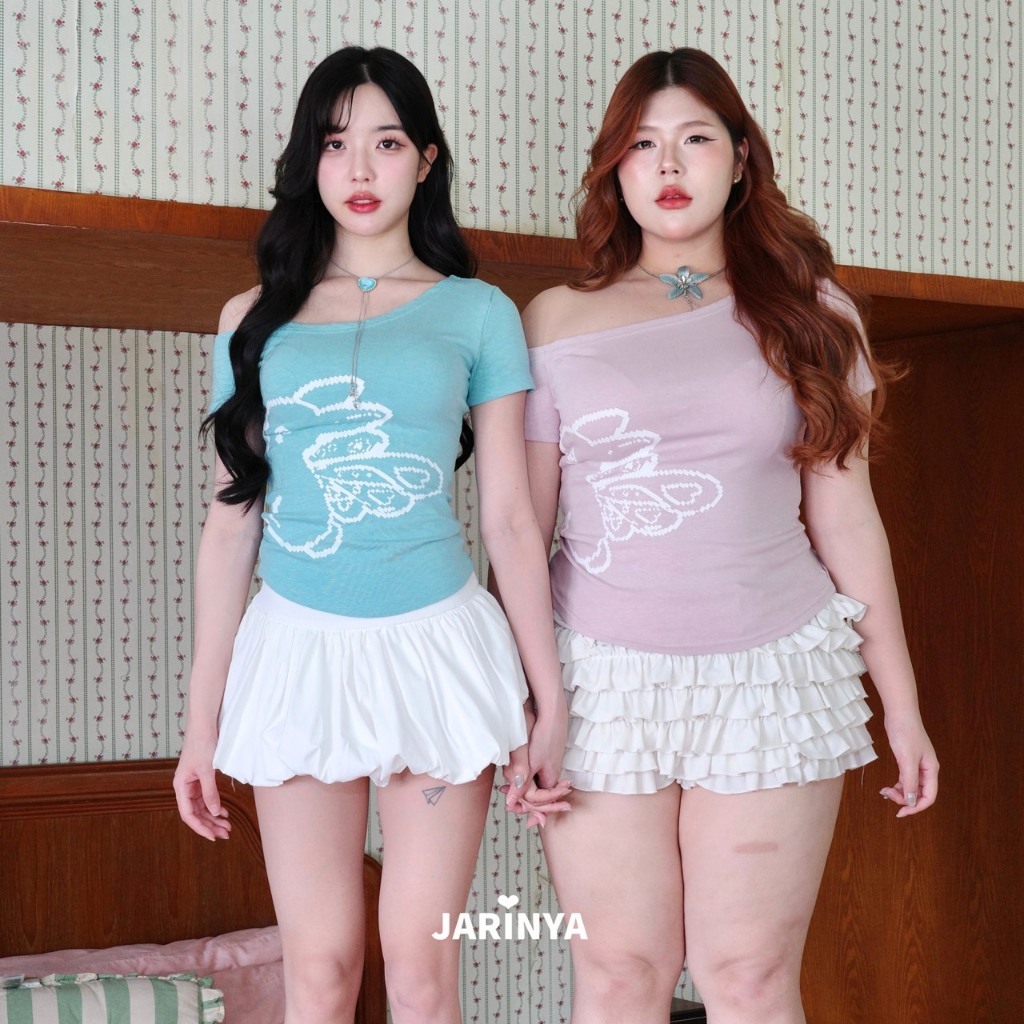 JARINYA (S-XL) เสื้อปาดไหล่แขนสั้น สกรีนลายกระต่าย