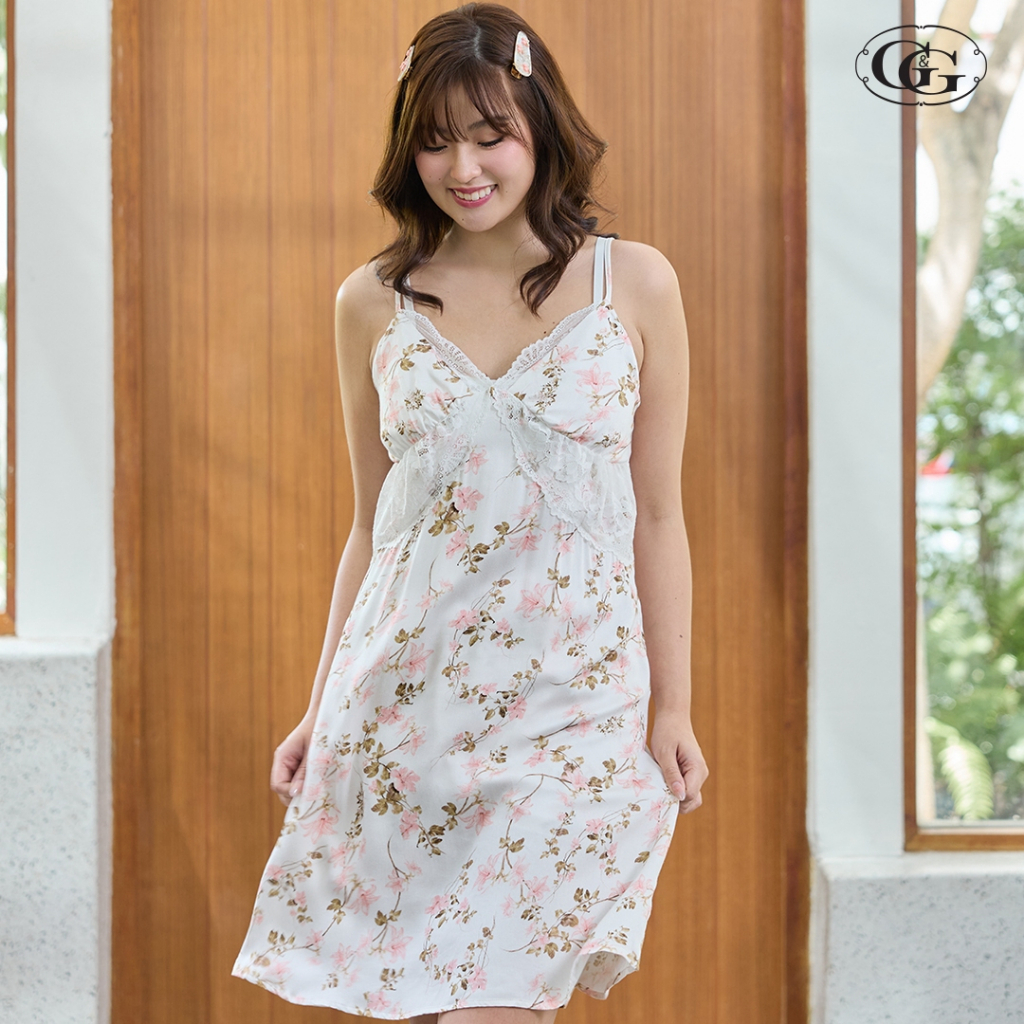 G&G ชุดนอน เดรสสายเดี่ยว ผ้าเรย่อน ลายดอกไม้ EN9R001