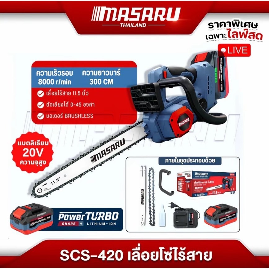 Masaru เลื่อยไฟฟ้า ไร้สาย 11.5 นิ้ว 20V SCS-420 เลื่อยตัดไม้แบตเตอรี่ ตัดไม้ เลื่อยโซ่ไร้สาย