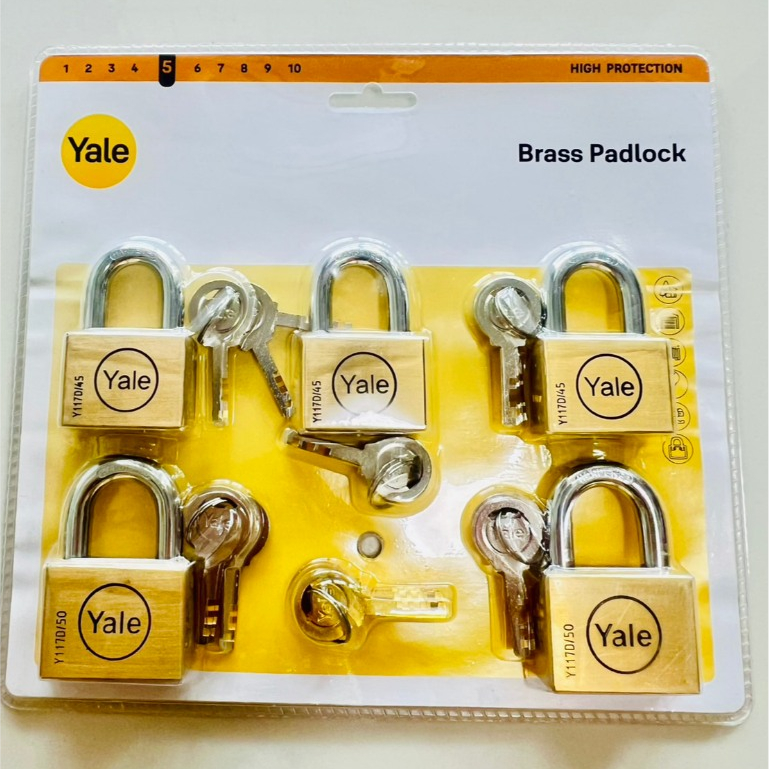 Yale กุญแจคล้อง Master Key ชุด 5 ตัว รุ่น Y117D - แม่กุญแจทองเหลือง ดอกสีทองไขได้ทุกแม่ (45mm x3 + 50mm x2)
