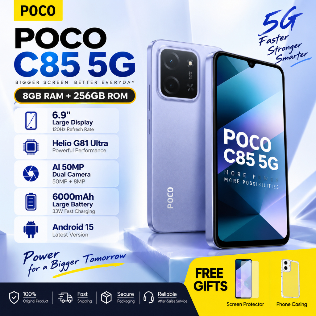 POCO C85 5G 8GB+256GB โทรศัพท์มือถือ 5G จอ 6.9" 120Hz กล้อง AI 50MP แบต 6000mAh ชาร์จเร็ว 33W
