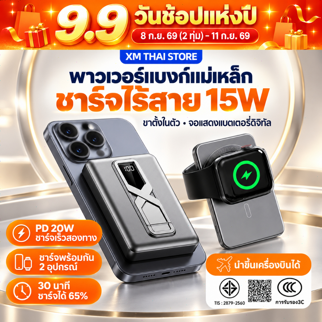 PowerBank 20000mAh แบตสำรองแม่เหล็ก 22.5W PD20W ชาร์จไร้สาย 15W Magnetic ขาตั้งในตัว บางเบา ชาร์จ 2 เครื่อง