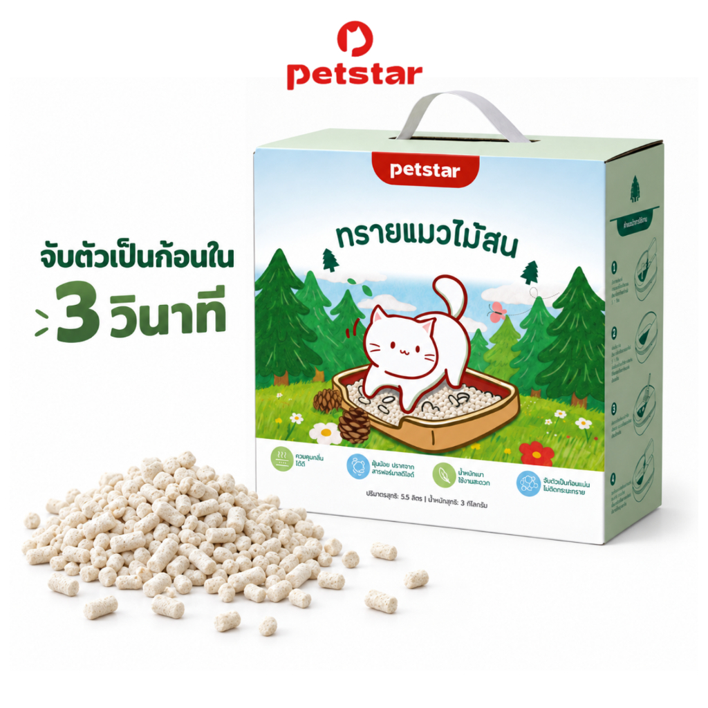 Petstar ทรายแมวไม้สน 3 กก. 5.5 ลิตร Cat litter เม็ด 3 มม. ฝุ่นน้อย จับตัวเป็นก้อน ช่วยดูดซับกลิ่น