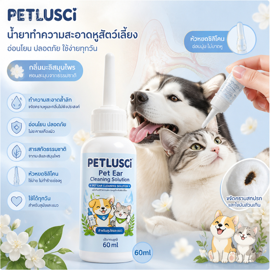 PETLUSCI น้ำยาเช็ดหูแมวสุนัข สูตรอ่อนโยน ไม่มีแอลกอฮอล์ หัวหยอดซิลิโคนนิ่ม ใช้สะดวก ลดกลิ่น ขี้หู 60ML