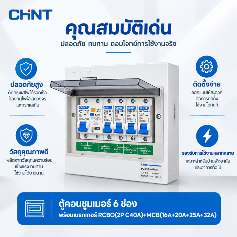 ช้าง CHINT ตู้คอนซูเมอร์ รุ่น PZ30G  กันดูด RCBO 6ช่อง แบบเกาะราง