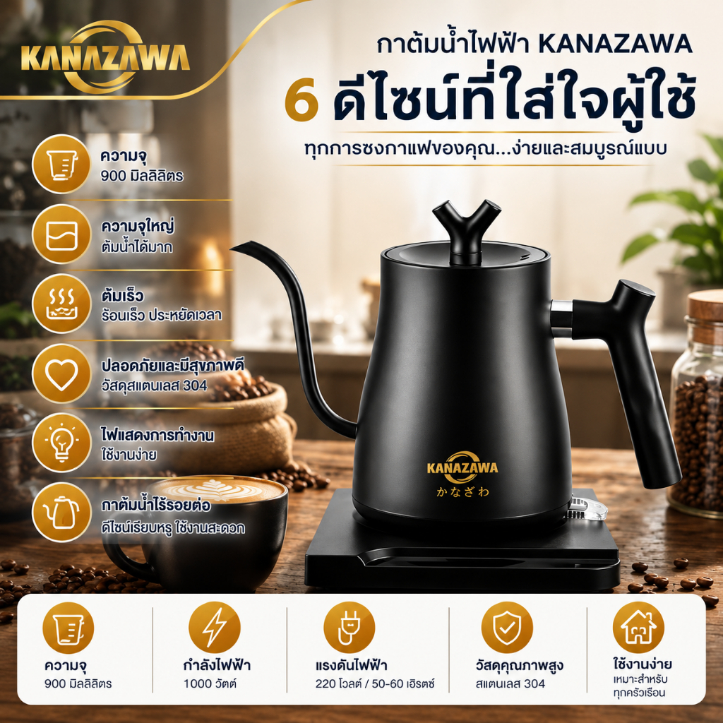 KANAZAWA กาต้มน้ำชงกาแฟไฟฟ้า สเตนเลส ทรงคอห่าน ความจุ 800 มิลลิลิตร สำหรับชงกาแฟดริปและชา