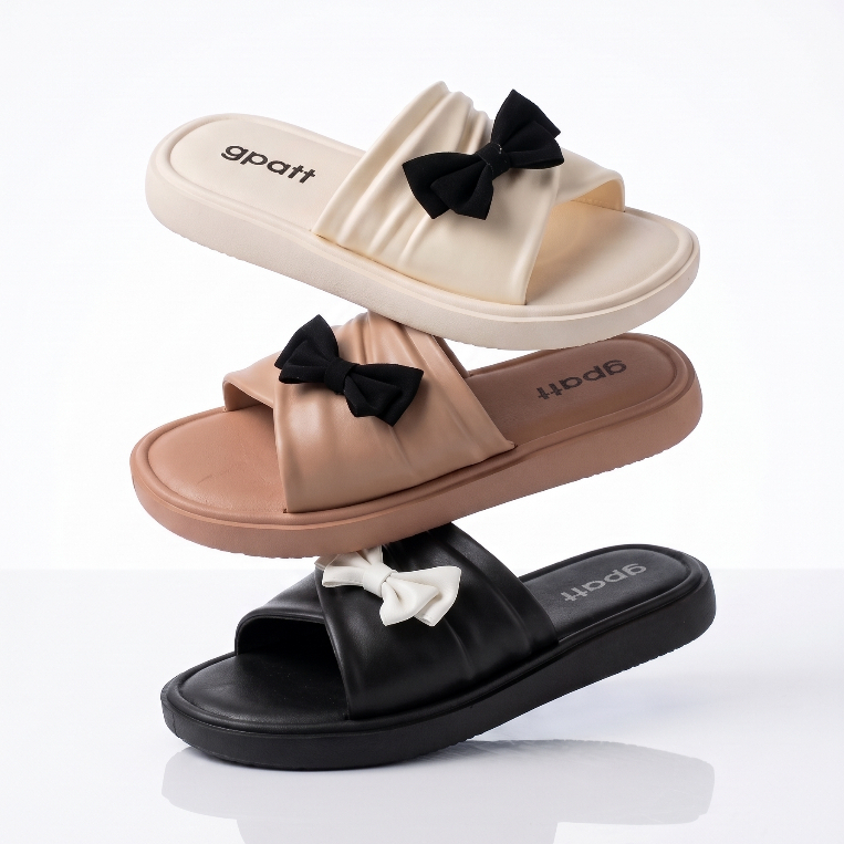gpatt : Tuxie รองเท้าแตะแบบสวม ดีไซน์สายคาดแต่งโบสีตัด รองเท้าลำลองผู้หญิง | Cute Bow Slide Sandals