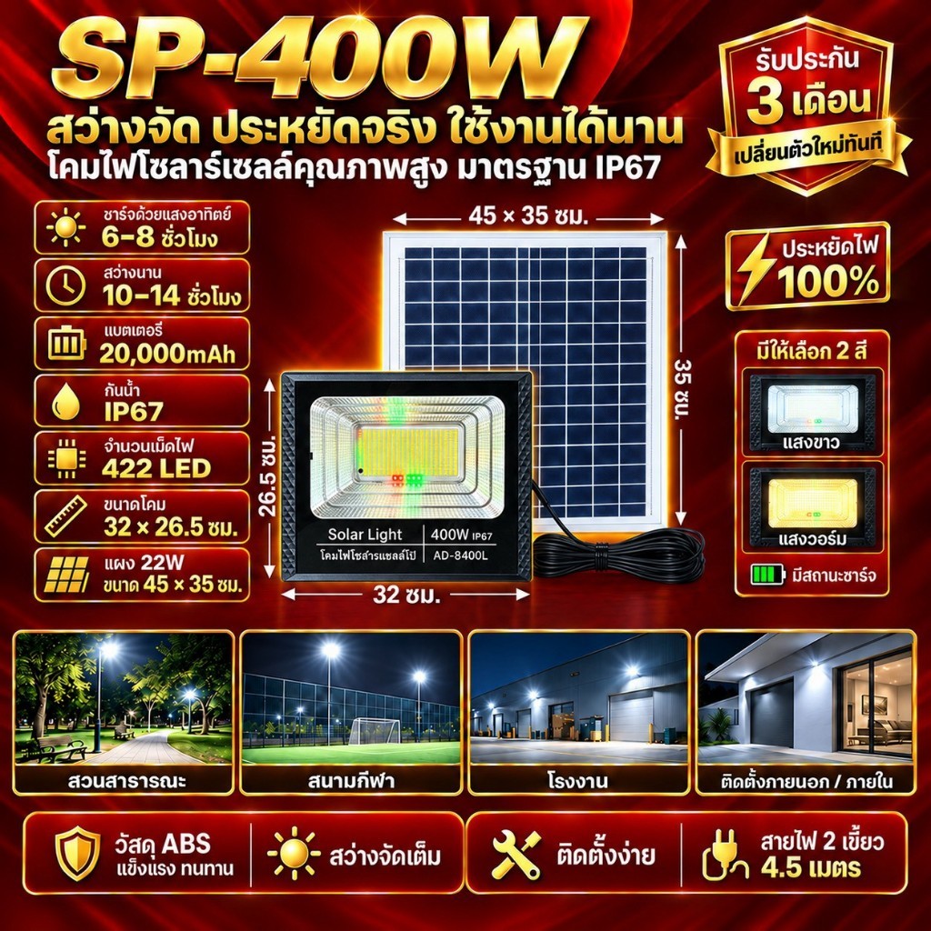 400W ไฟสปอร์ตไลท์ พี่โบ้ไฟโซล่าเซล Solar cell  ไฟพลังงานแสงอาทิตย์ FLASH SALE ถูกที่สุดสินค้าตรงปก ประกัน 3 เดือน