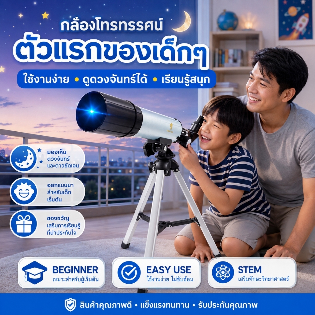 กล้องโทรทรรศน์เด็ก F36050 พร้อมขาตั้ง ปรับโฟกัสได้ ดูดวงจันทร์กลางคืน ดูวิวภูเขา/อาคารกลางวัน ของเล่นวิทย์