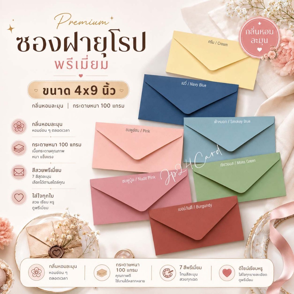 ซอง 4x9 นิ้ว (50ซอง/1แพ็ค) หนา 100 แกรม ซองใส่การ์ดแต่งงาน ซองงานแต่ง ซองยุโรป ซองฝายุโรป