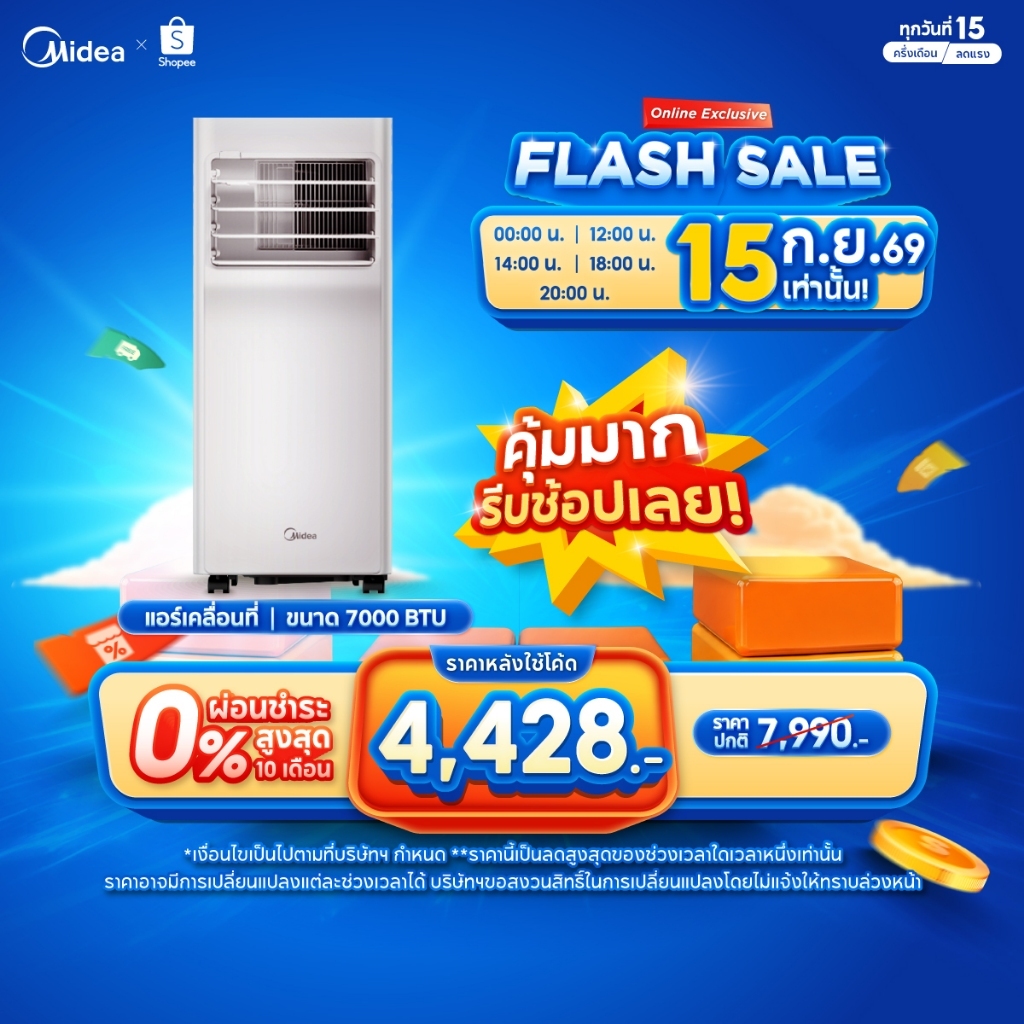 Midea แอร์เคลื่อนที่ Portable Air MPA ขนาด 7000 BTU รุ่น MPPA-07CRN7 เย็นเร็ว , หน้าจอแสดงผล LED , ต