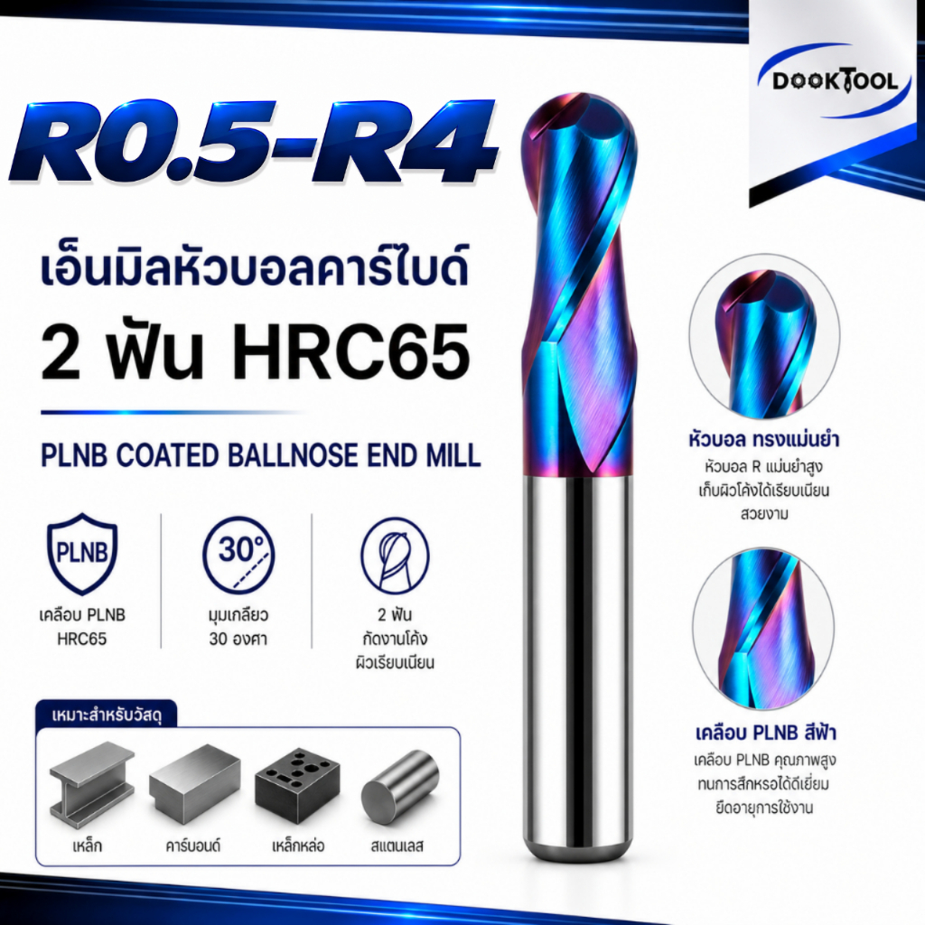 (R0.5-R4) เอ็นมิล บอลโนส HRC65 สแตนเลส เคลือบชั้น PLNB