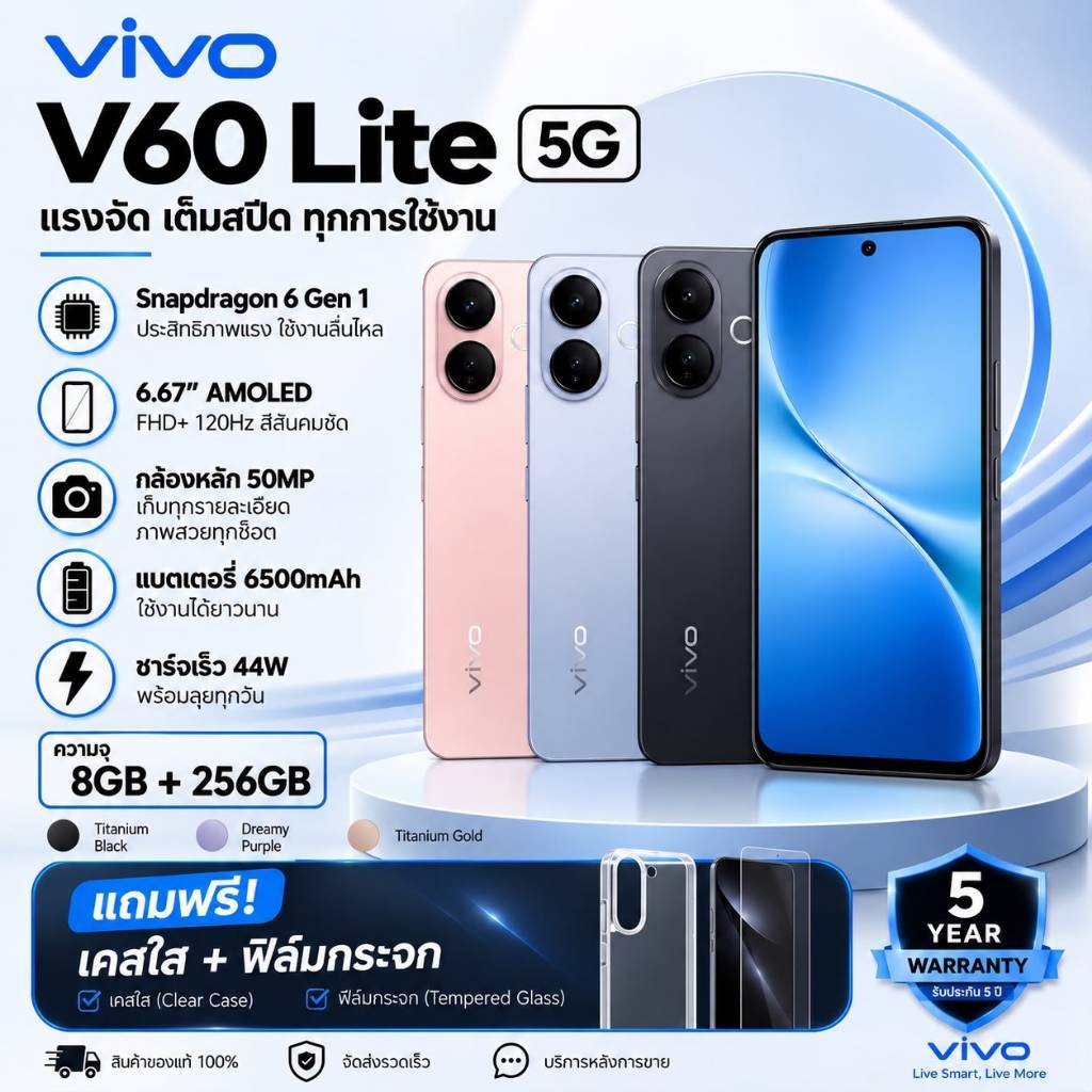 Vivo V60 Lite 5G 8GB+256GB | แบต 6500mAh สมาร์ตโฟน
