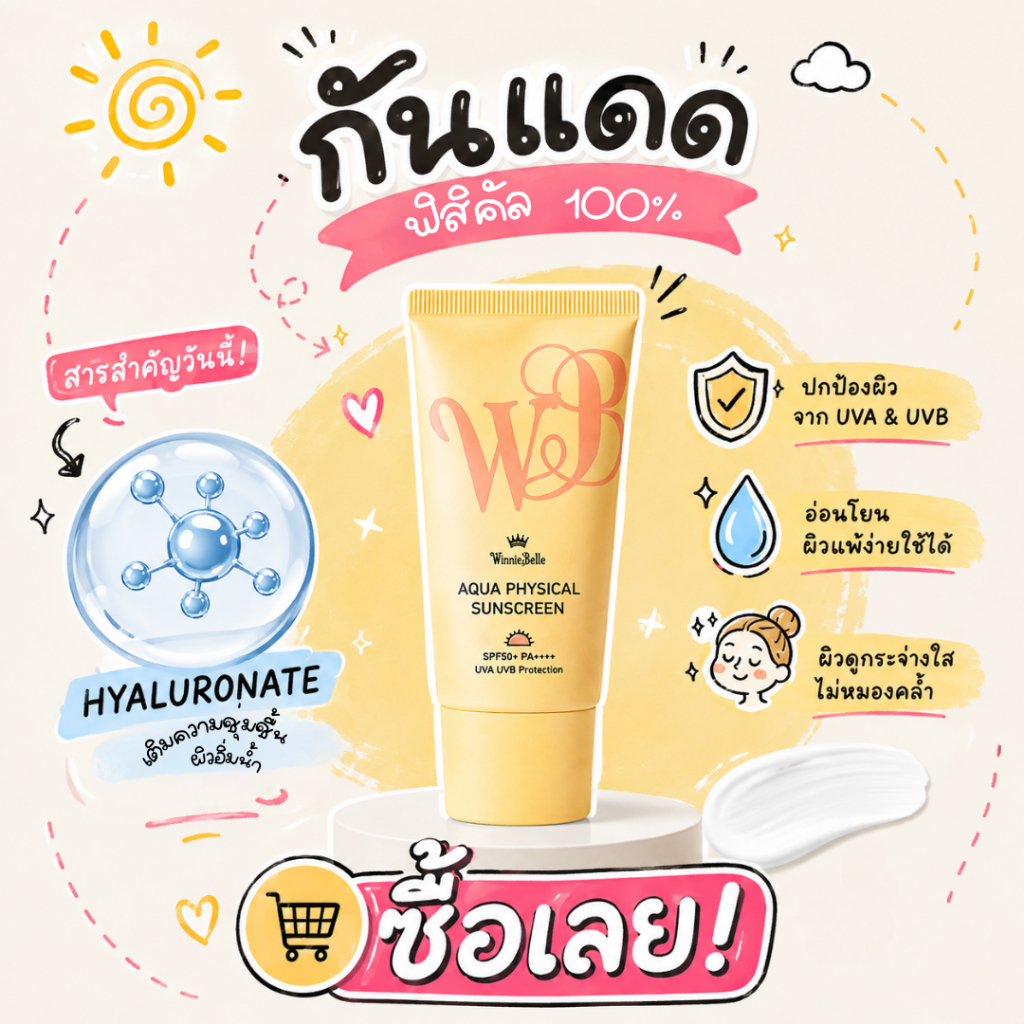 กันแดดวินนี่เบลล์ กันแดดสูตรฟิสิคัล100% ปราศจากสารกันแดดที่เป็นเคมี ปกป้องผิวด้วย SPF50+กันแดดหน้า P