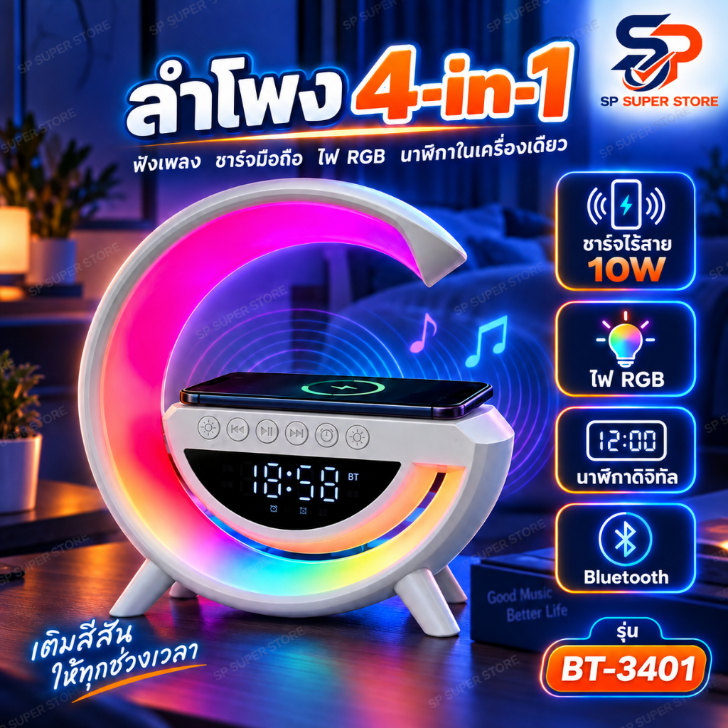 ลำโพงบลูทูธ 3-in-1 รุ่น BT-3401 ไฟ RGB นาฬิกา แท่นชาร์จไร้สาย